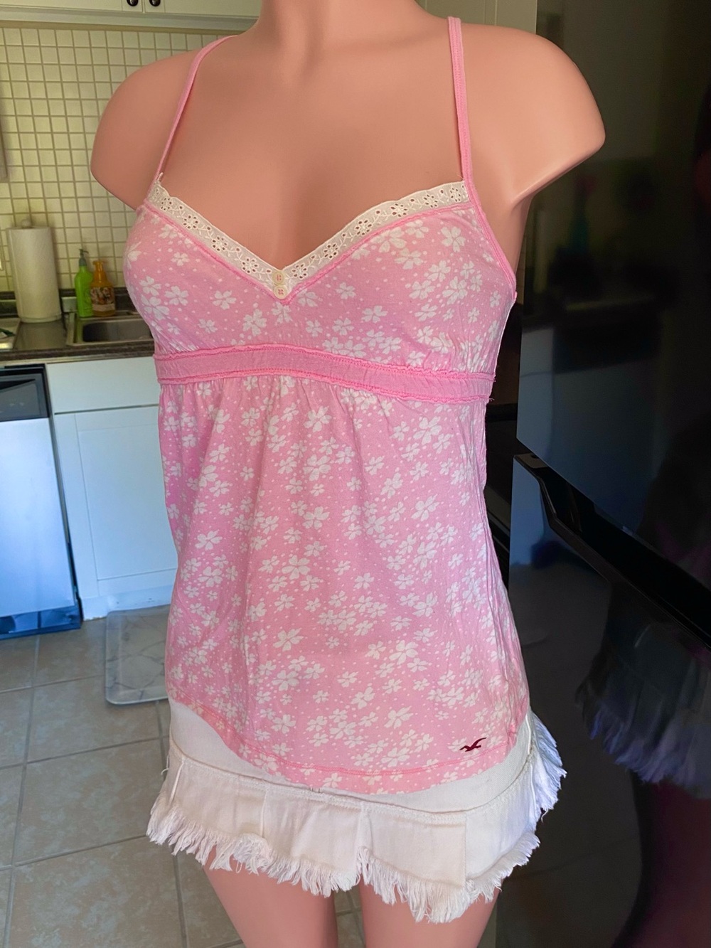 Y2k Hollister pink and white floral babydoll tank top